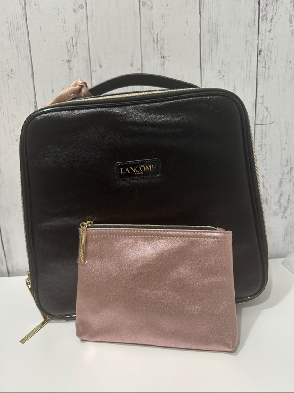 LANCOME Black Cosmetic Travel Case with Pink Scarf Accent